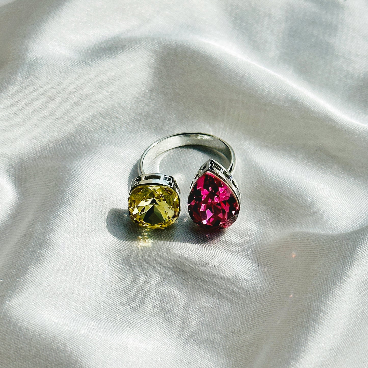 Lime/Fuchsia Swarovski Crystals Silver Plated Adjustable Ring
