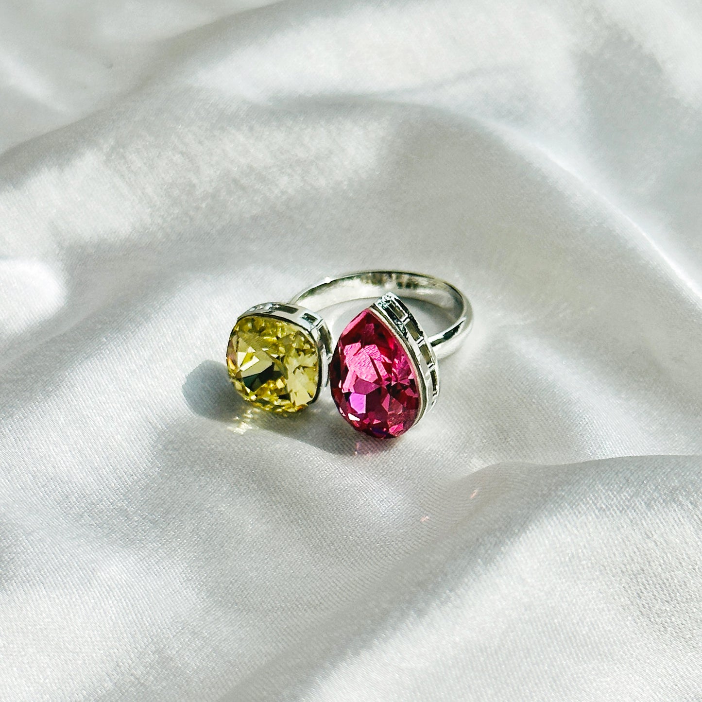 Lime/Fuchsia Swarovski Crystals Silver Plated Adjustable Ring