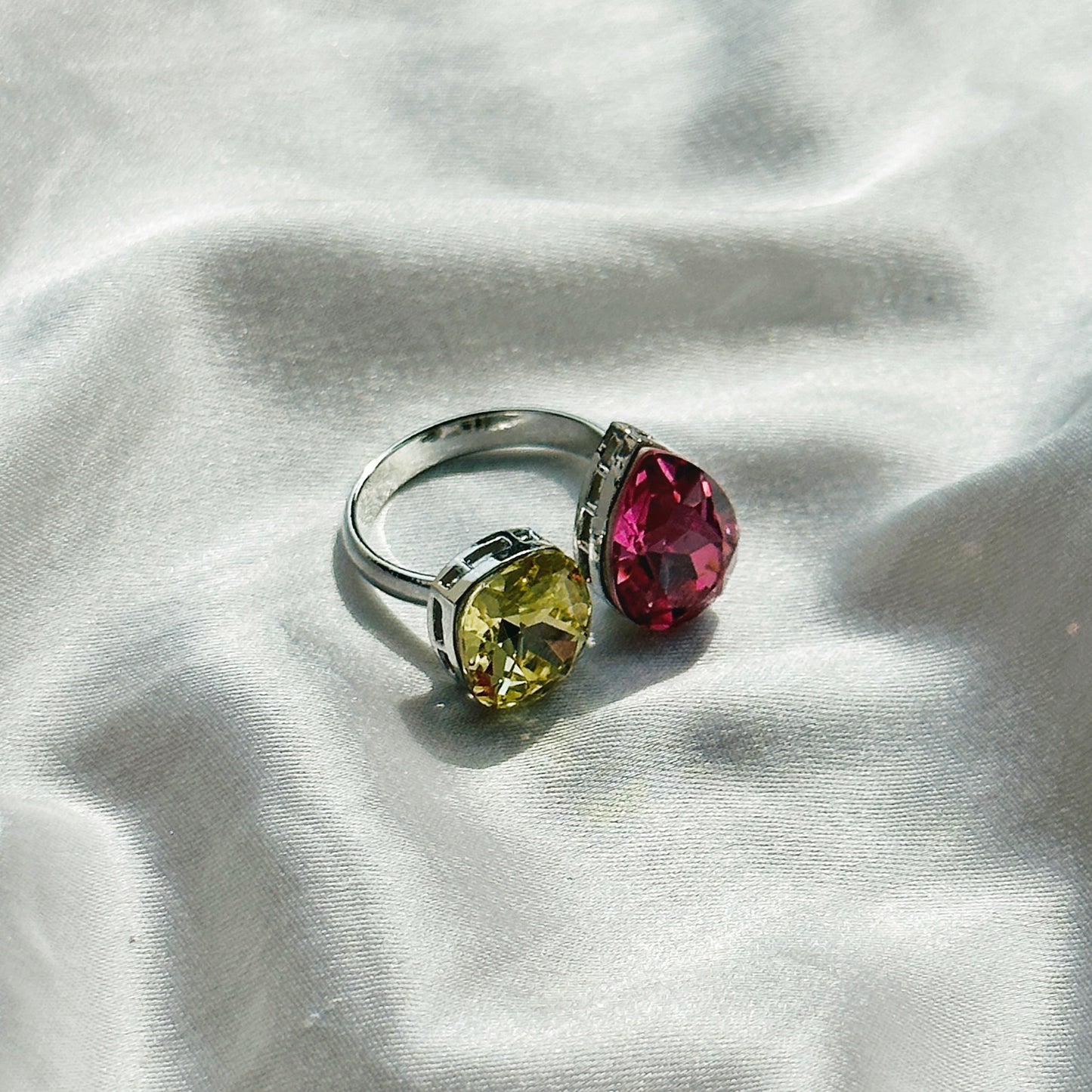 Lime/Fuchsia Swarovski Crystals Silver Plated Adjustable Ring