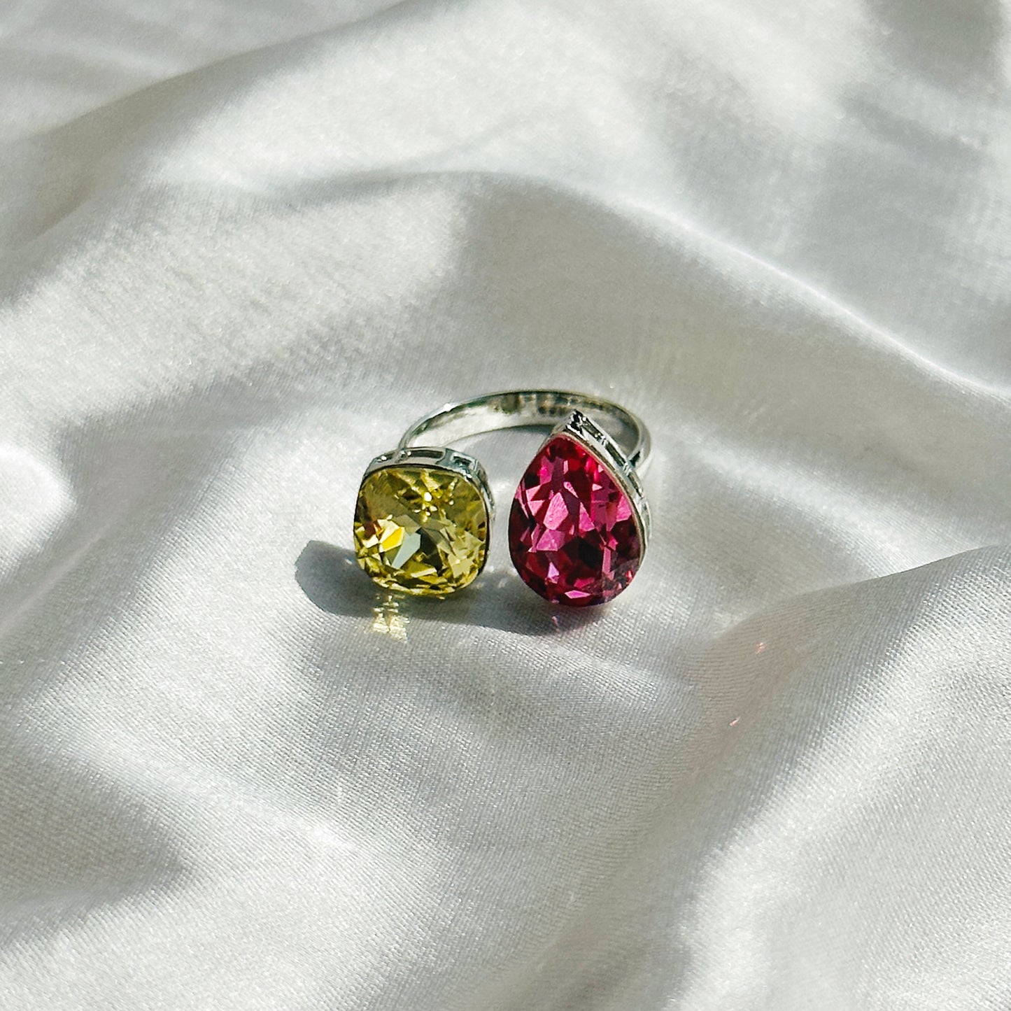 Lime/Fuchsia Swarovski Crystals Silver Plated Adjustable Ring