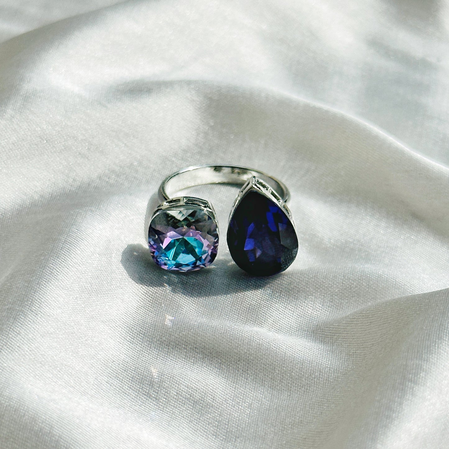 Light Vitrail/Amethyst Swarovski Crystals Silver Plated Adjustable Ring
