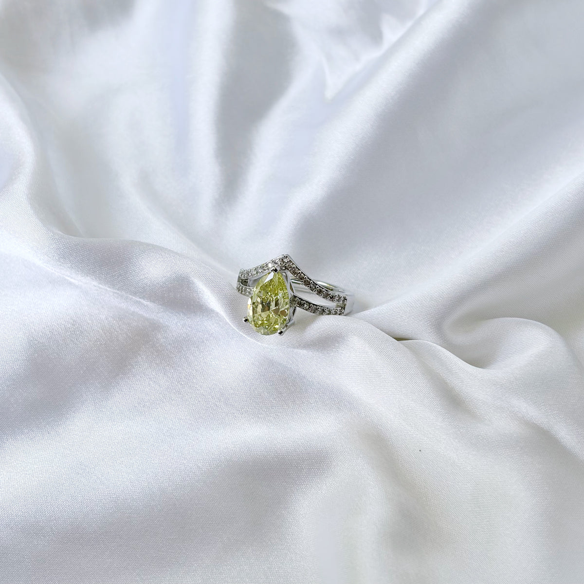 Light Olive Green Cubic Zirconia Ice Cut American Diamond Silver Plated Adjustable Ring
