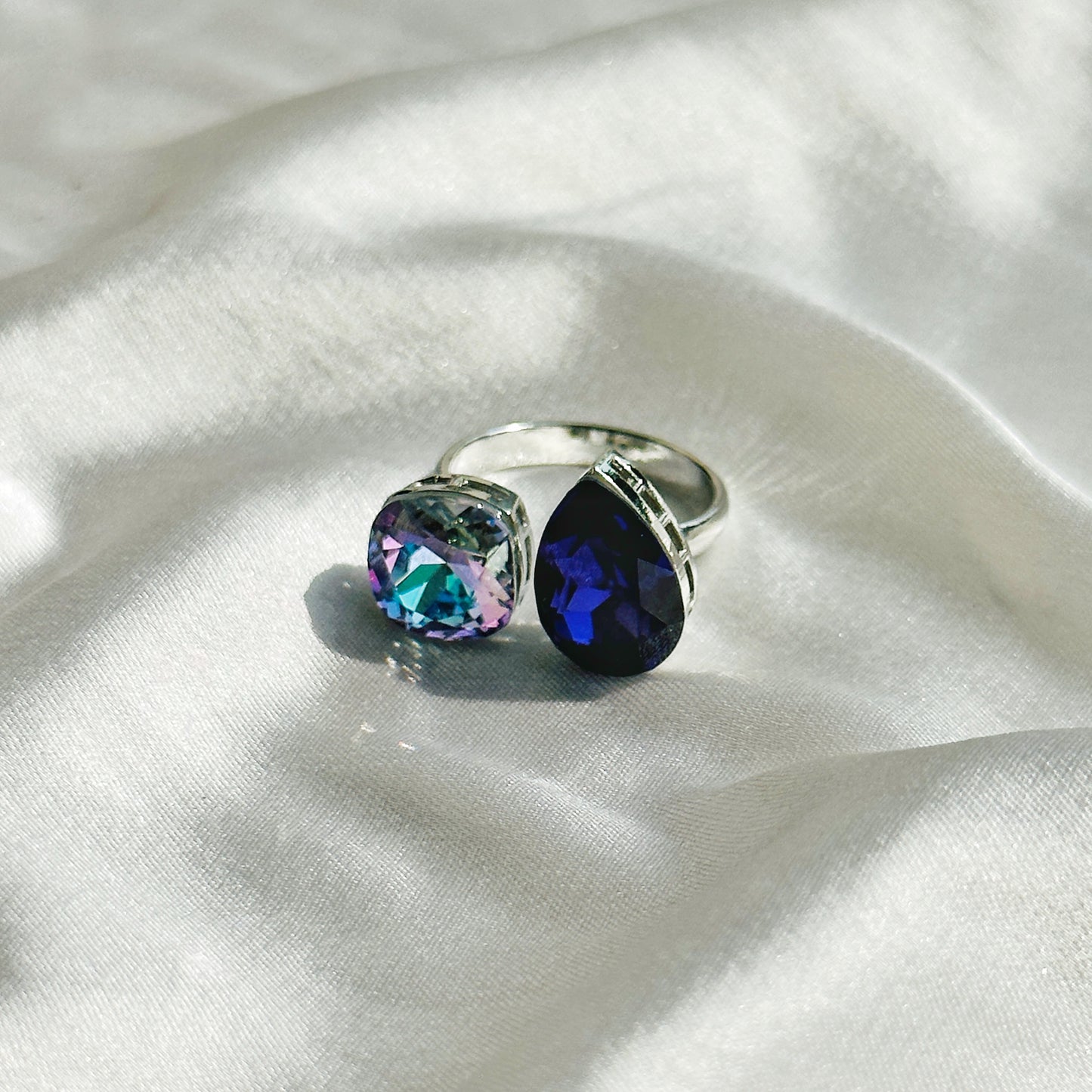 Light Vitrail/Amethyst Swarovski Crystals Silver Plated Adjustable Ring