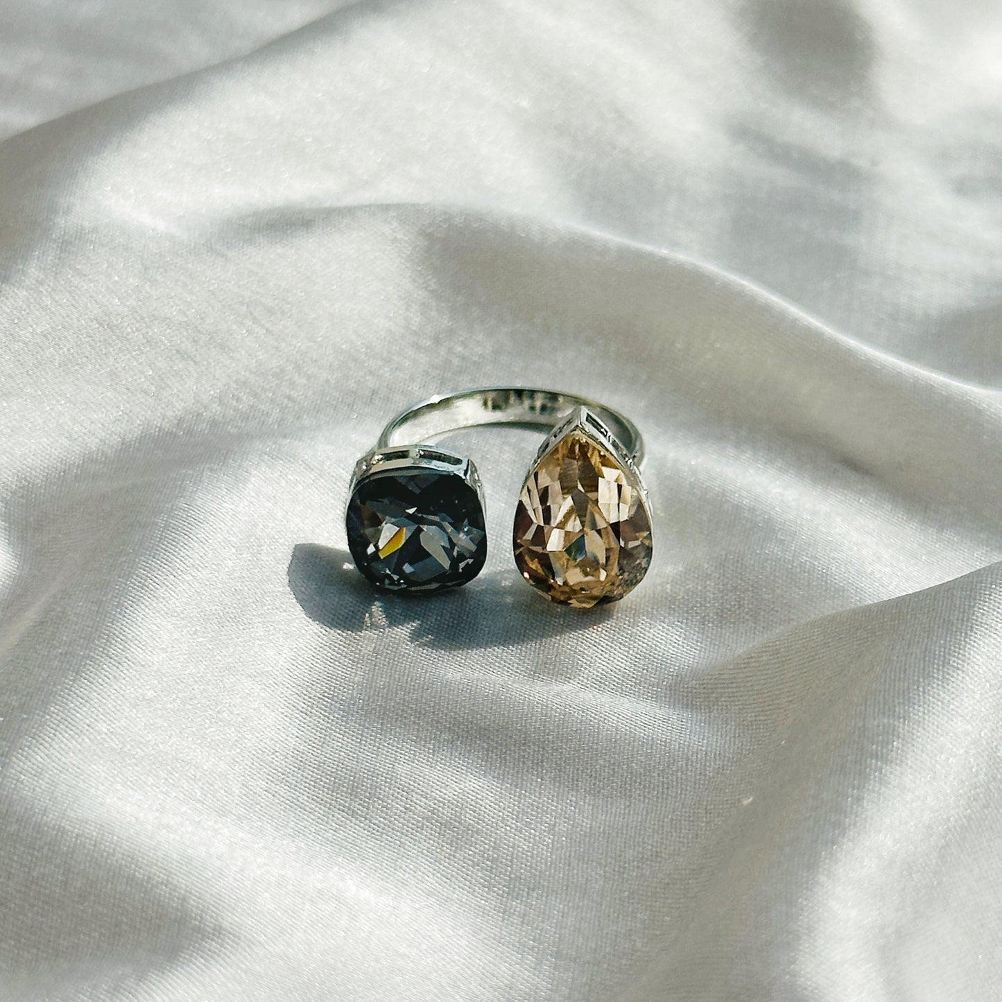 Jonquil/Morion Swarovski Crystals Silver Plated Adjustable Ring