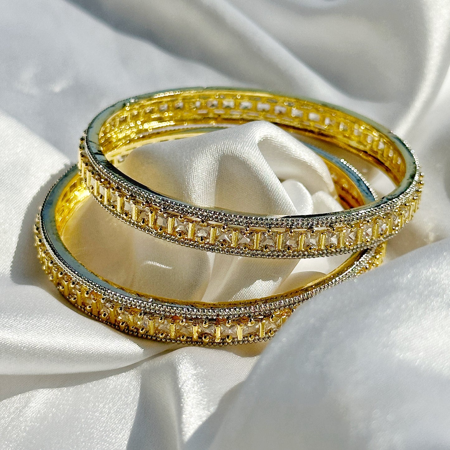 Solitaire Cubic Zirconia American Diamond Gold/Silver Plated Bangles, Set of 2