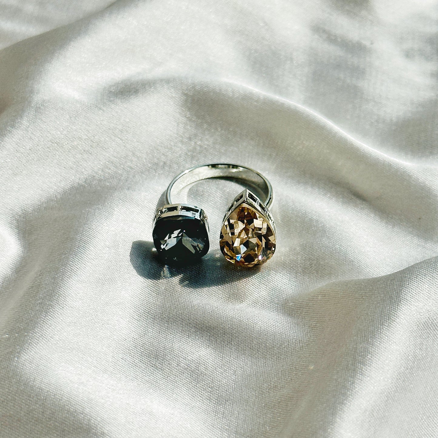 Jonquil/Morion Swarovski Crystals Silver Plated Adjustable Ring