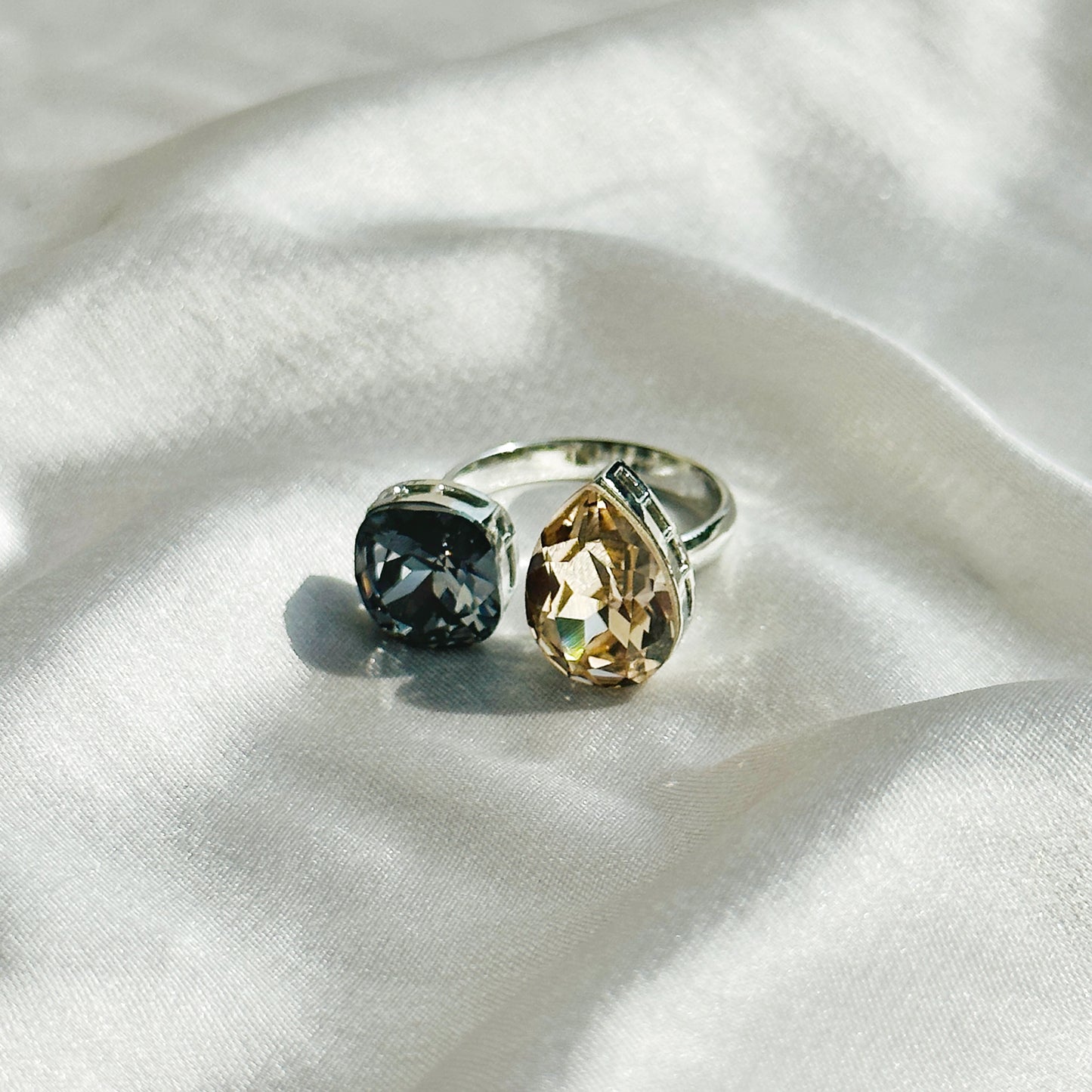 Jonquil/Morion Swarovski Crystals Silver Plated Adjustable Ring
