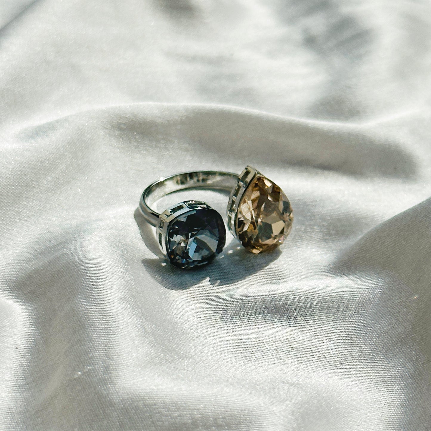 Jonquil/Morion Swarovski Crystals Silver Plated Adjustable Ring