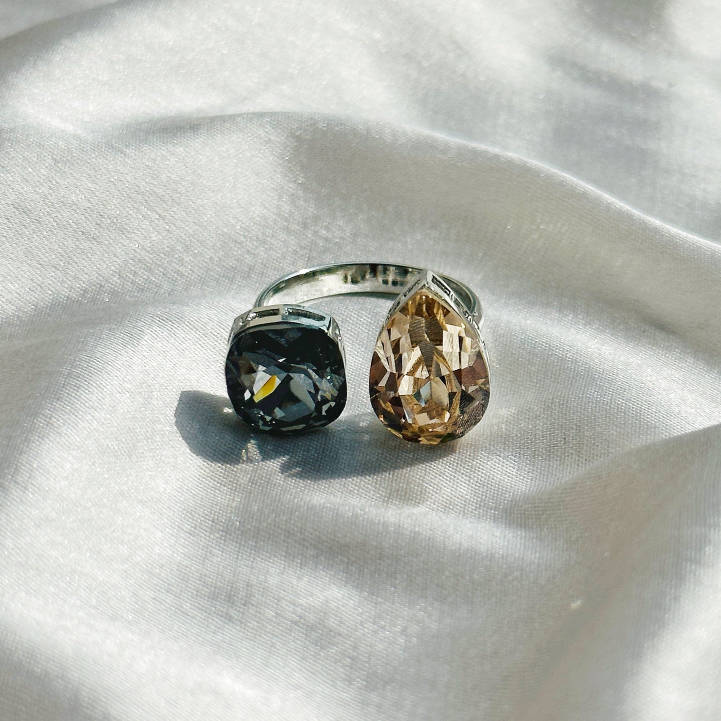 Jonquil & Morion Swarovski Crystals Silver Plated Adjustable Ring