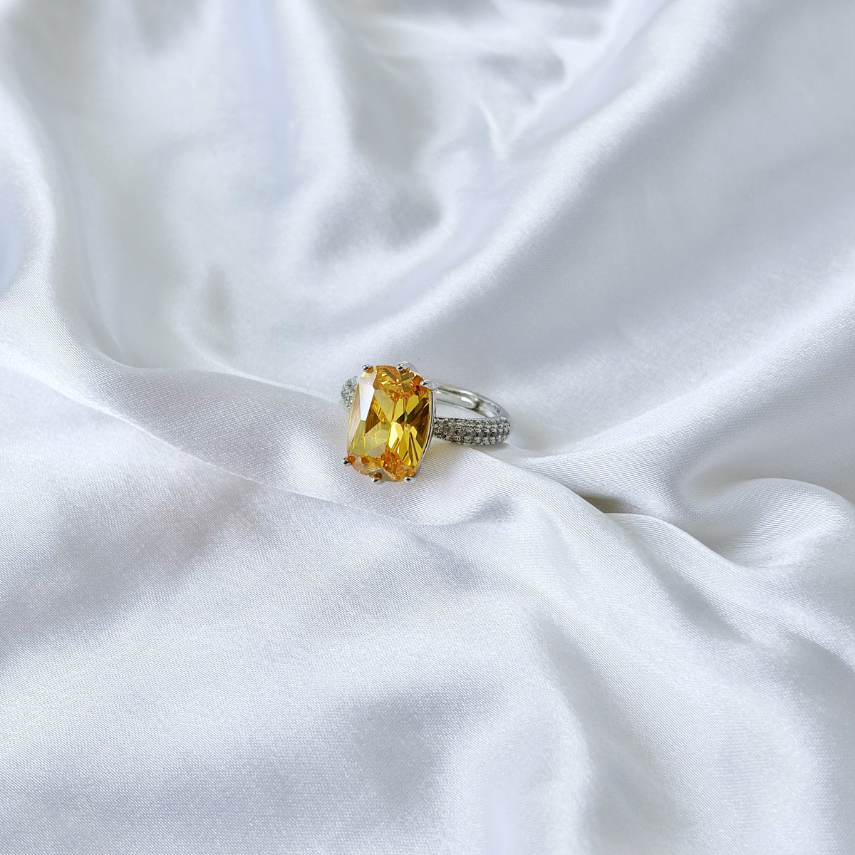 Yellow Topaz Cubic Zirconia Ice Cut American Diamond Silver Plated Adjustable Ring
