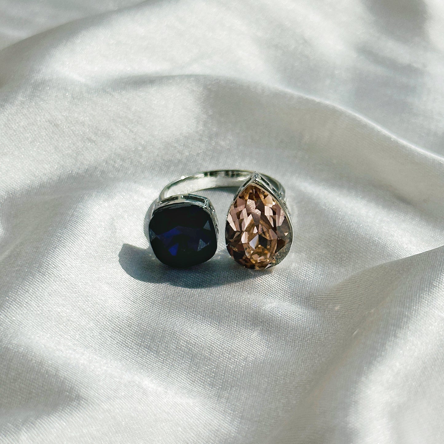 Dark Indigo/Light Peach Swarovski Crystals Silver Plated Adjustable Ring