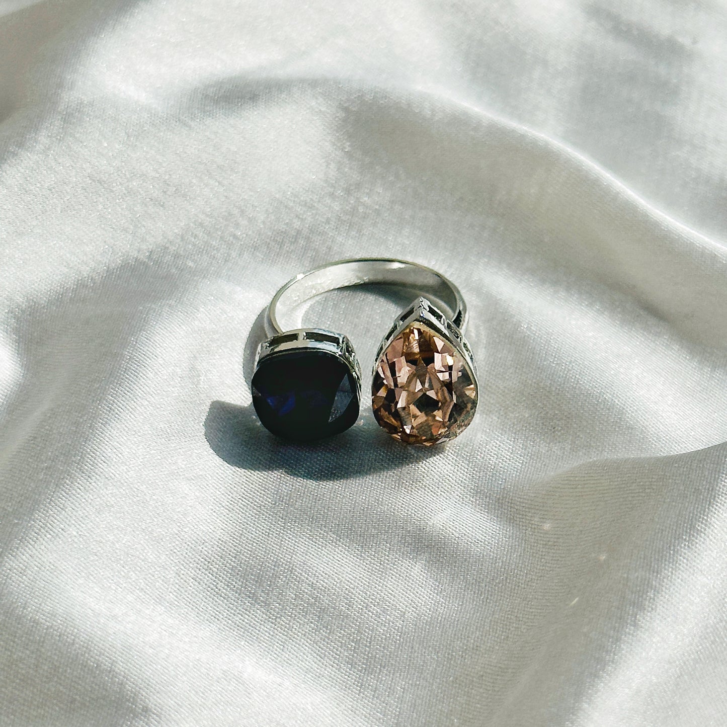 Dark Indigo & Light Peach Swarovski Crystals Silver Plated Adjustable Ring
