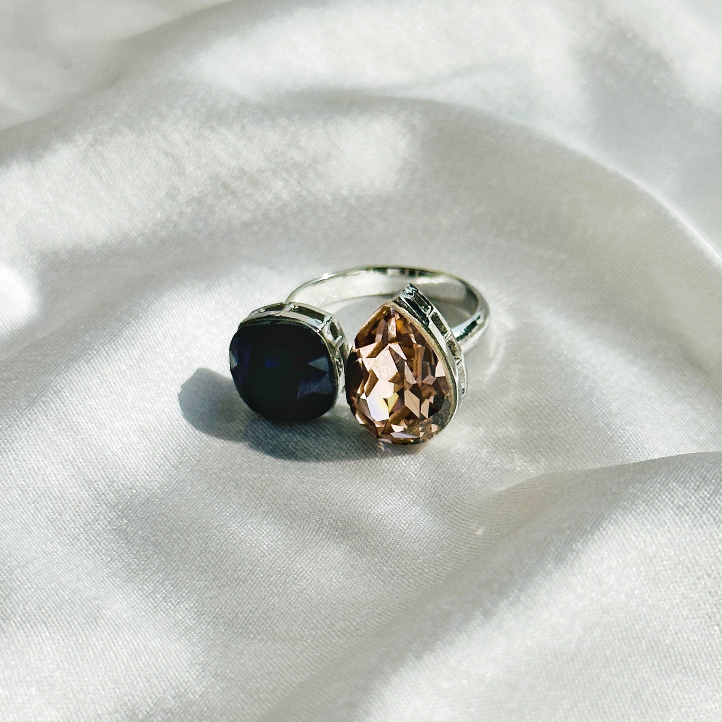 Dark Indigo/Light Peach Swarovski Crystals Silver Plated Adjustable Ring