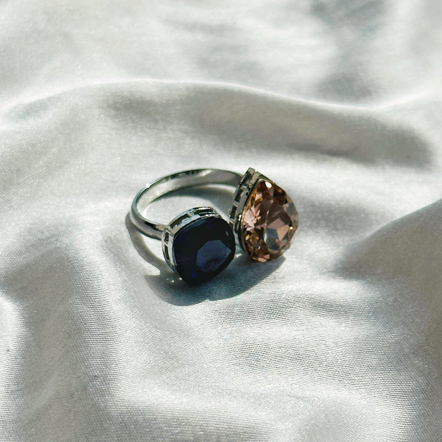 Dark Indigo/Light Peach Swarovski Crystals Silver Plated Adjustable Ring