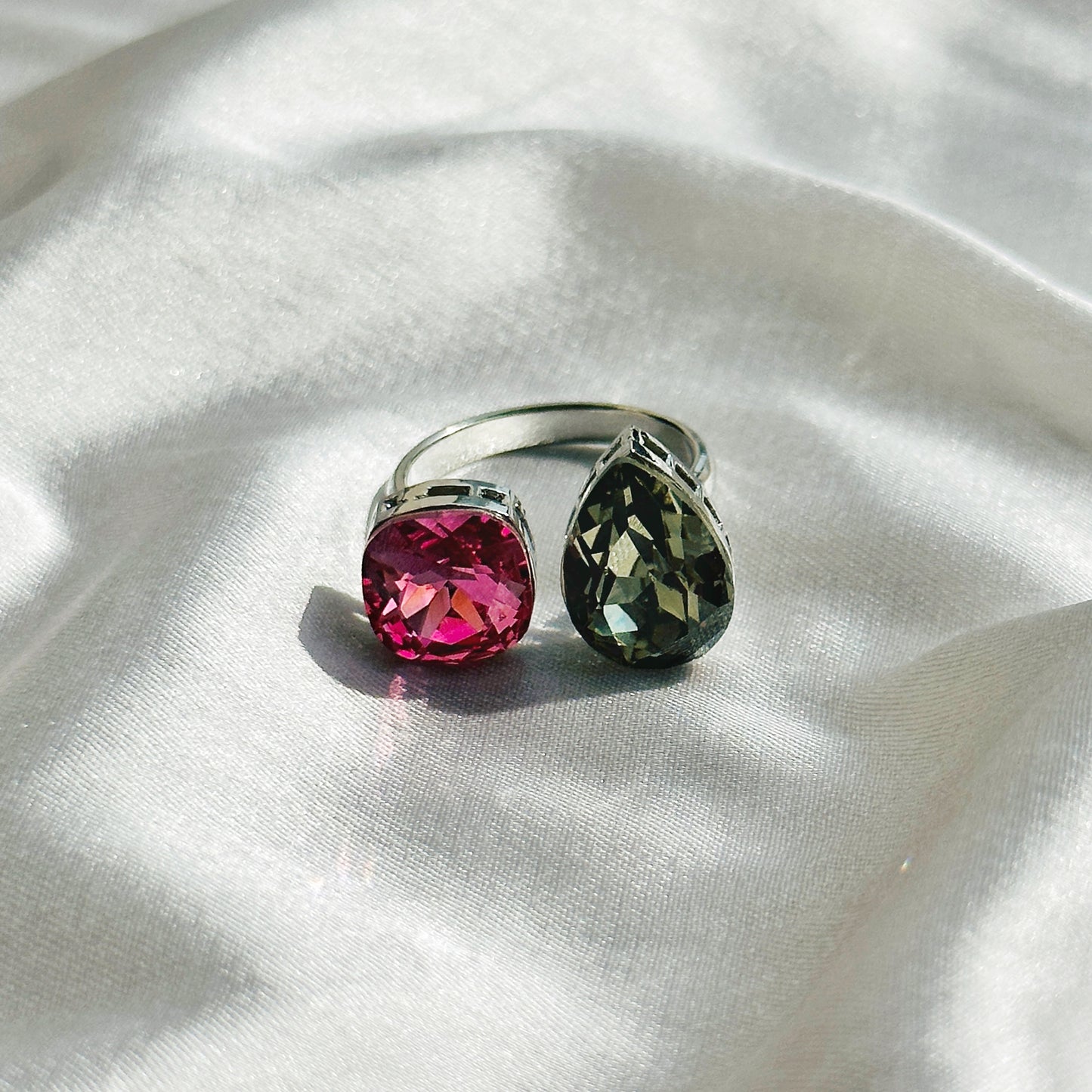 Fuchsia/Olivine Swarovski Crystals Silver Plated Adjustable Ring