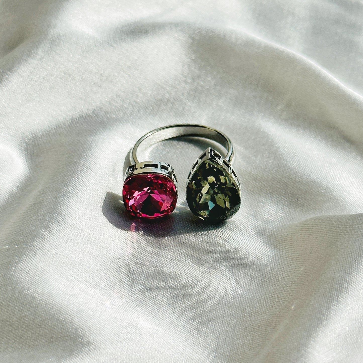 Fuchsia/Olivine Swarovski Crystals Silver Plated Adjustable Ring