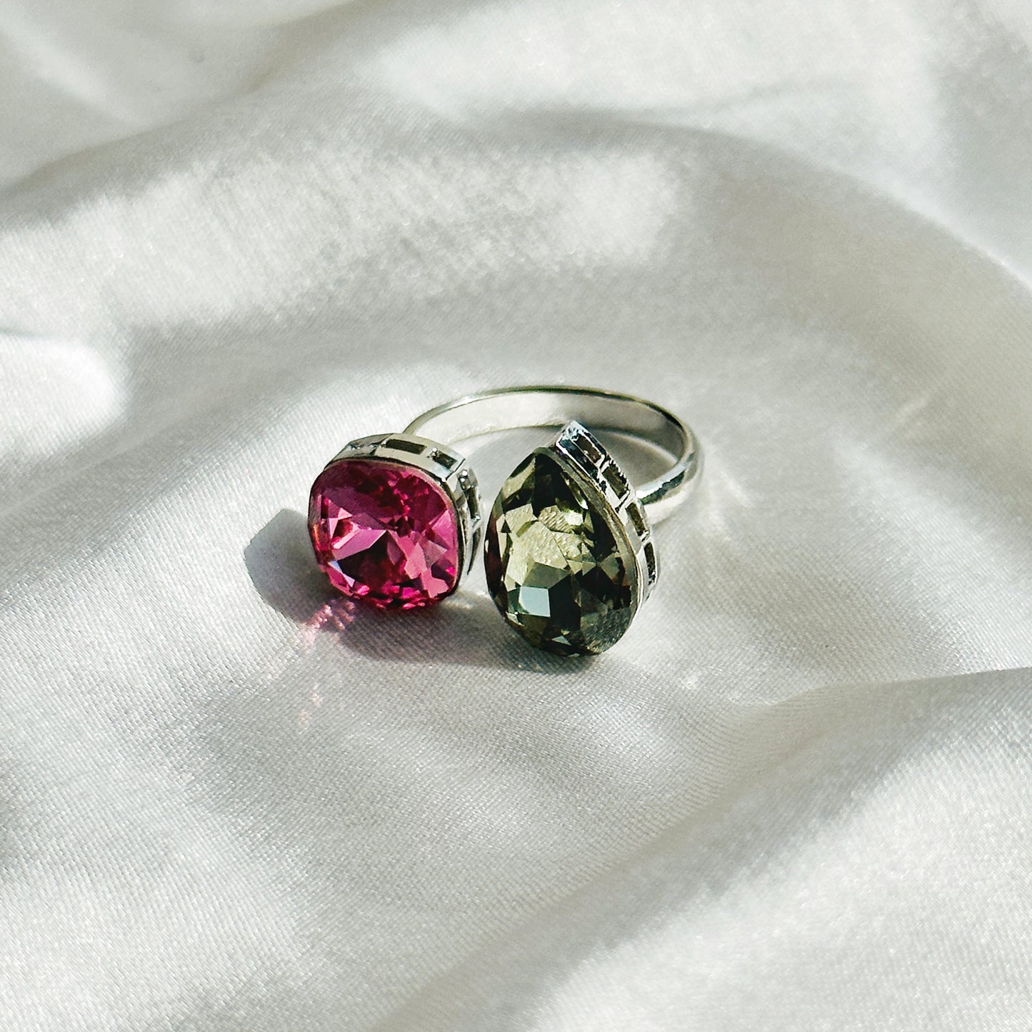 Fuchsia/Olivine Swarovski Crystals Silver Plated Adjustable Ring