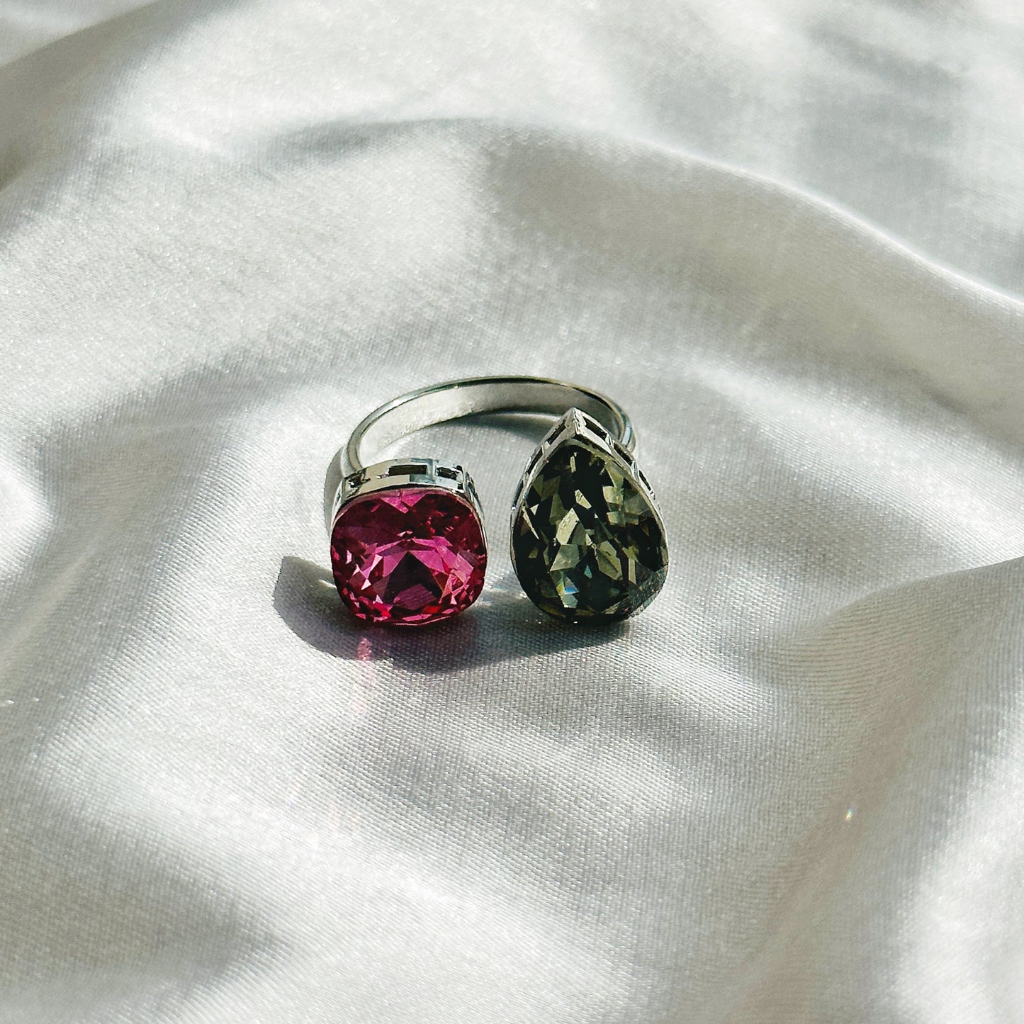 Fuchsia/Olivine Swarovski Crystals Silver Plated Adjustable Ring