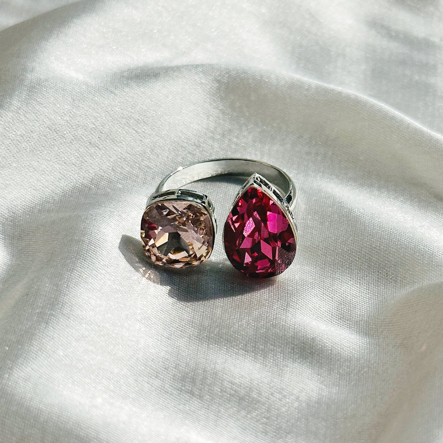 Light Rose/Fuchsia Swarovski Crystals Silver Plated Adjustable Ring