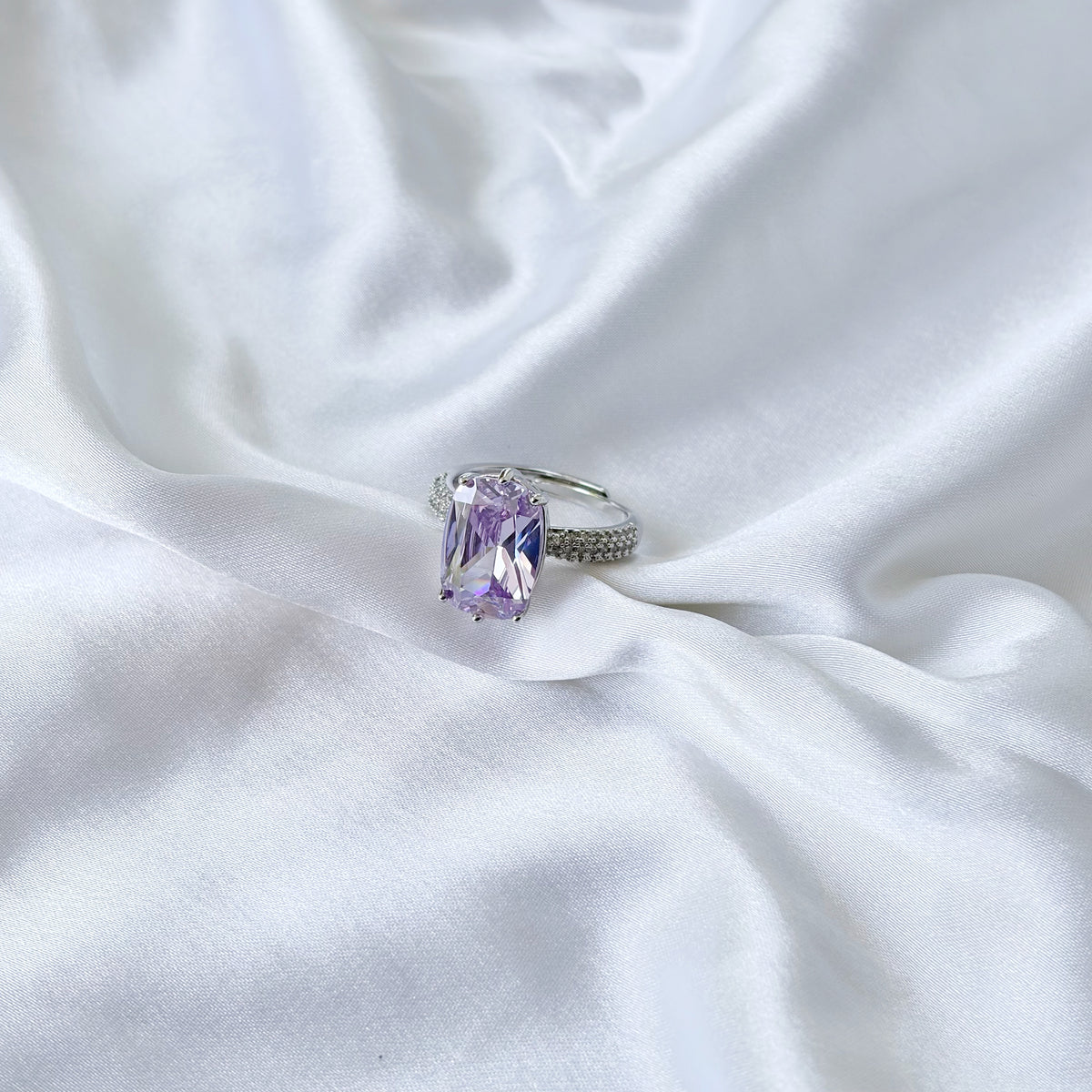 Purple Amethyst Cubic Zirconia Ice Cut American Diamond Silver Plated Adjustable Ring