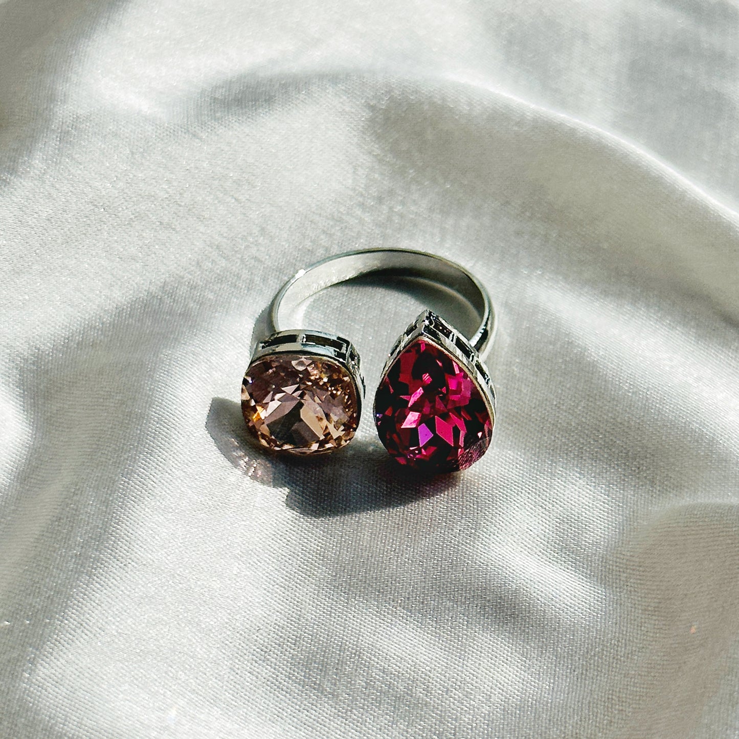 Light Rose/Fuchsia Swarovski Crystals Silver Plated Adjustable Ring