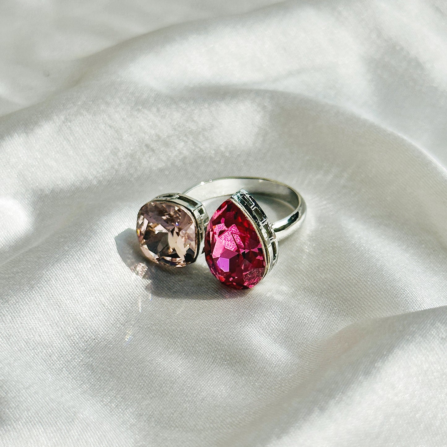 Light Rose/Fuchsia Swarovski Crystals Silver Plated Adjustable Ring
