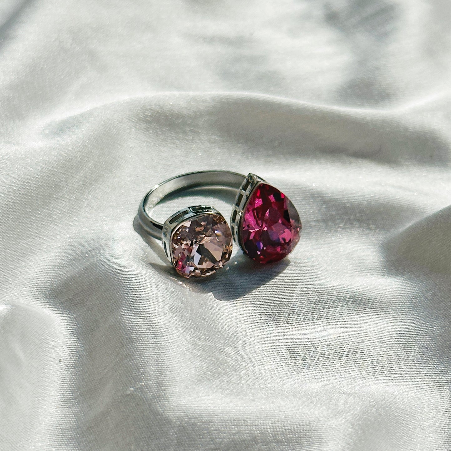 Light Rose/Fuchsia Swarovski Crystals Silver Plated Adjustable Ring