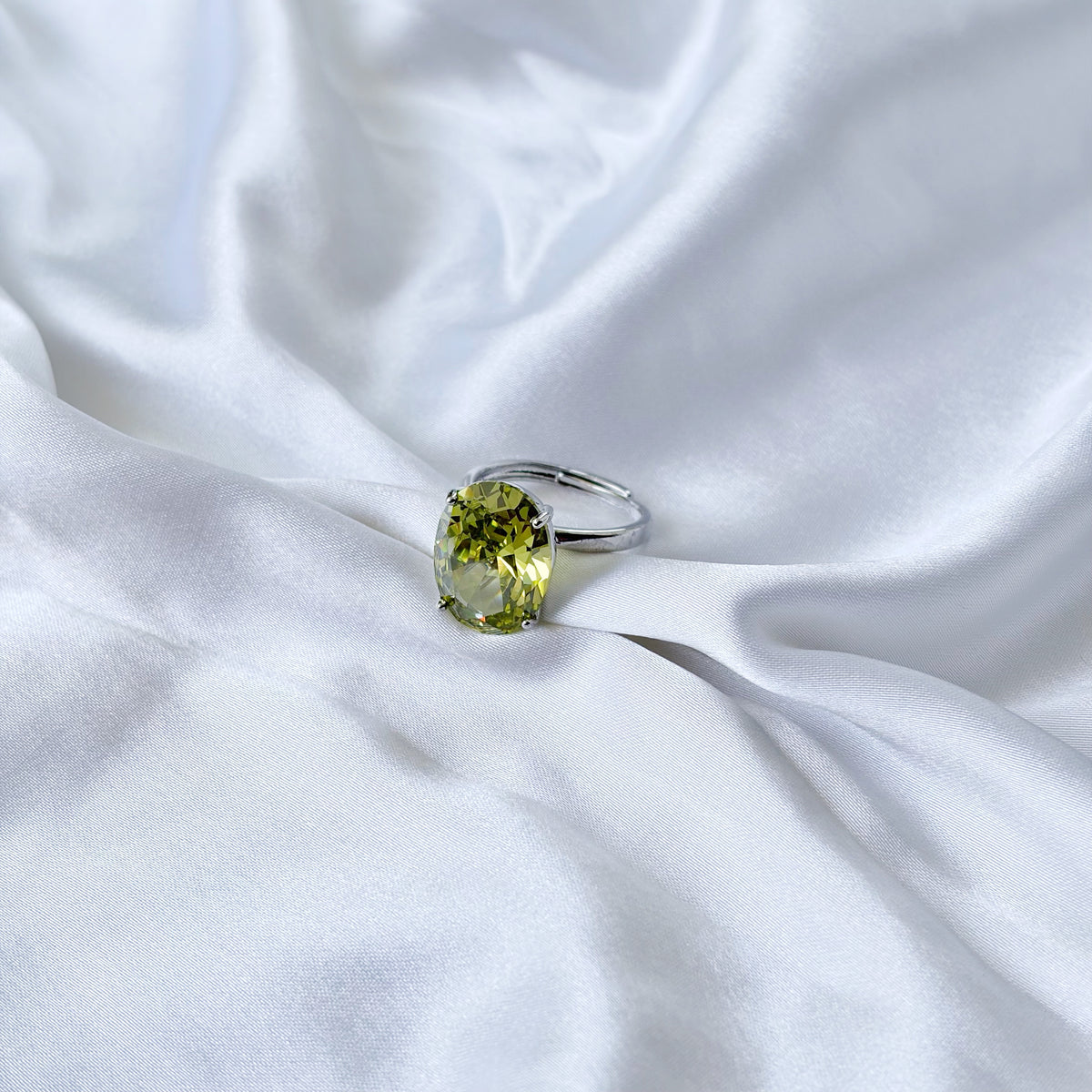 Olive Green Cubic Zirconia Ice Cut American Diamond Silver Plated Adjustable Ring