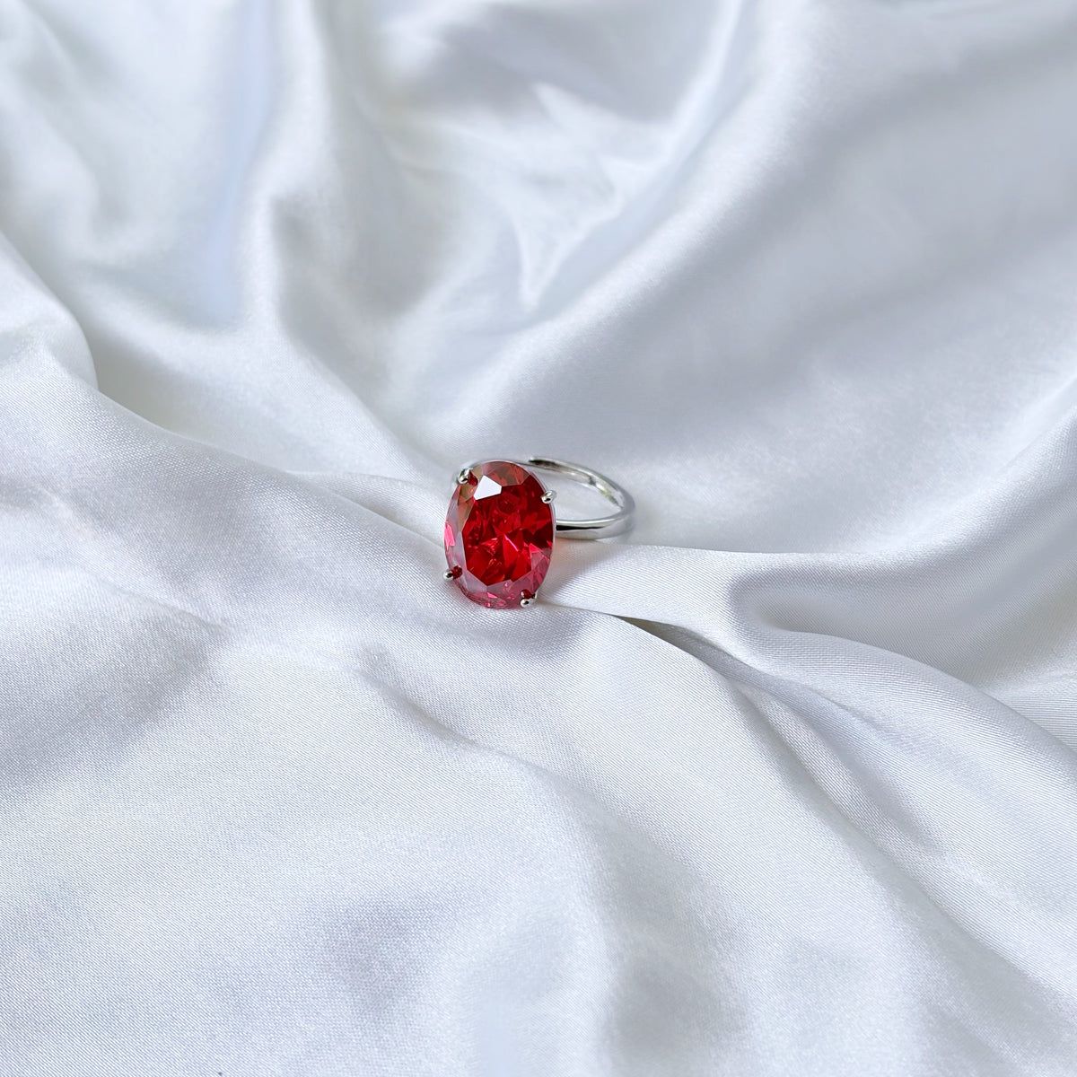 Red Ruby Cubic Zirconia Ice Cut American Diamond Silver Plated Adjustable Ring