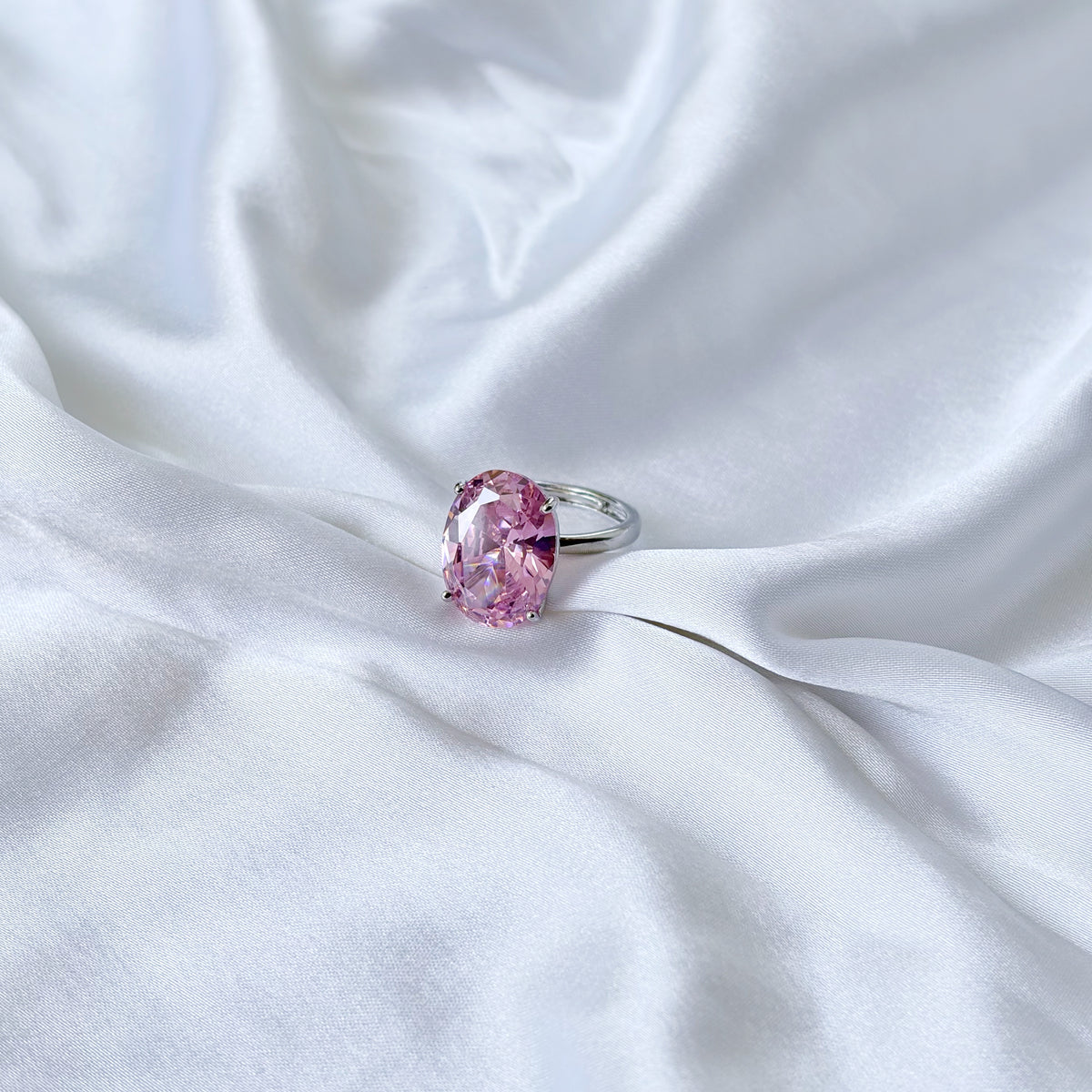Pink Topaz Cubic Zirconia Ice Cut American Diamond Silver Plated Adjustable Ring