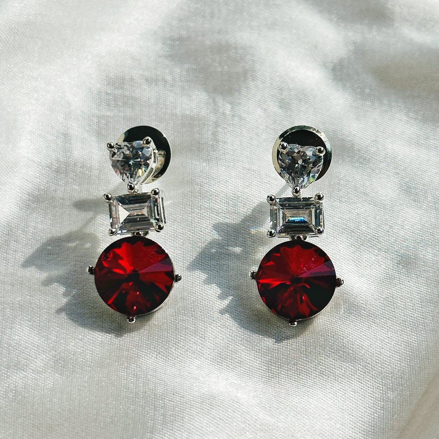 Red Siam Swarovski Crystal American Diamond Silver Plated Earrings
