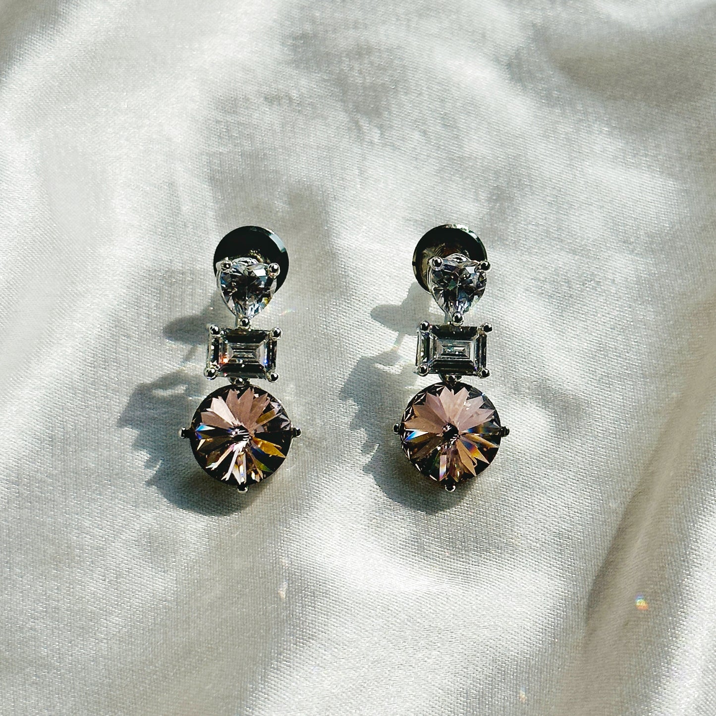 Light Peach Swarovski Crystal American Diamond Silver Plated Earrings
