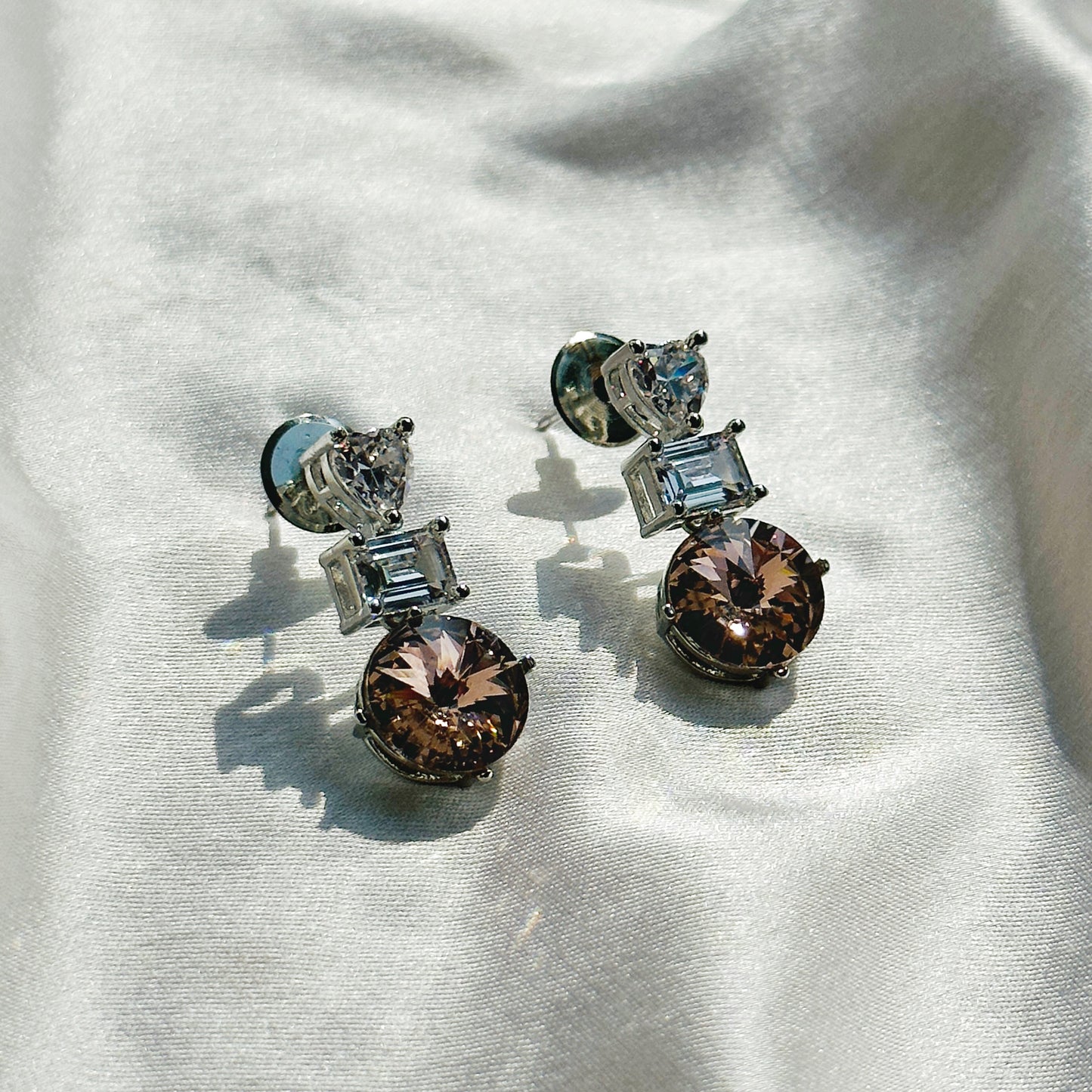 Light Peach Swarovski Crystal American Diamond Silver Plated Earrings