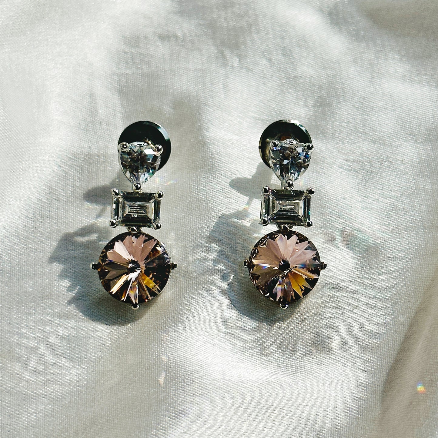 Light Peach Swarovski Crystal American Diamond Silver Plated Earrings
