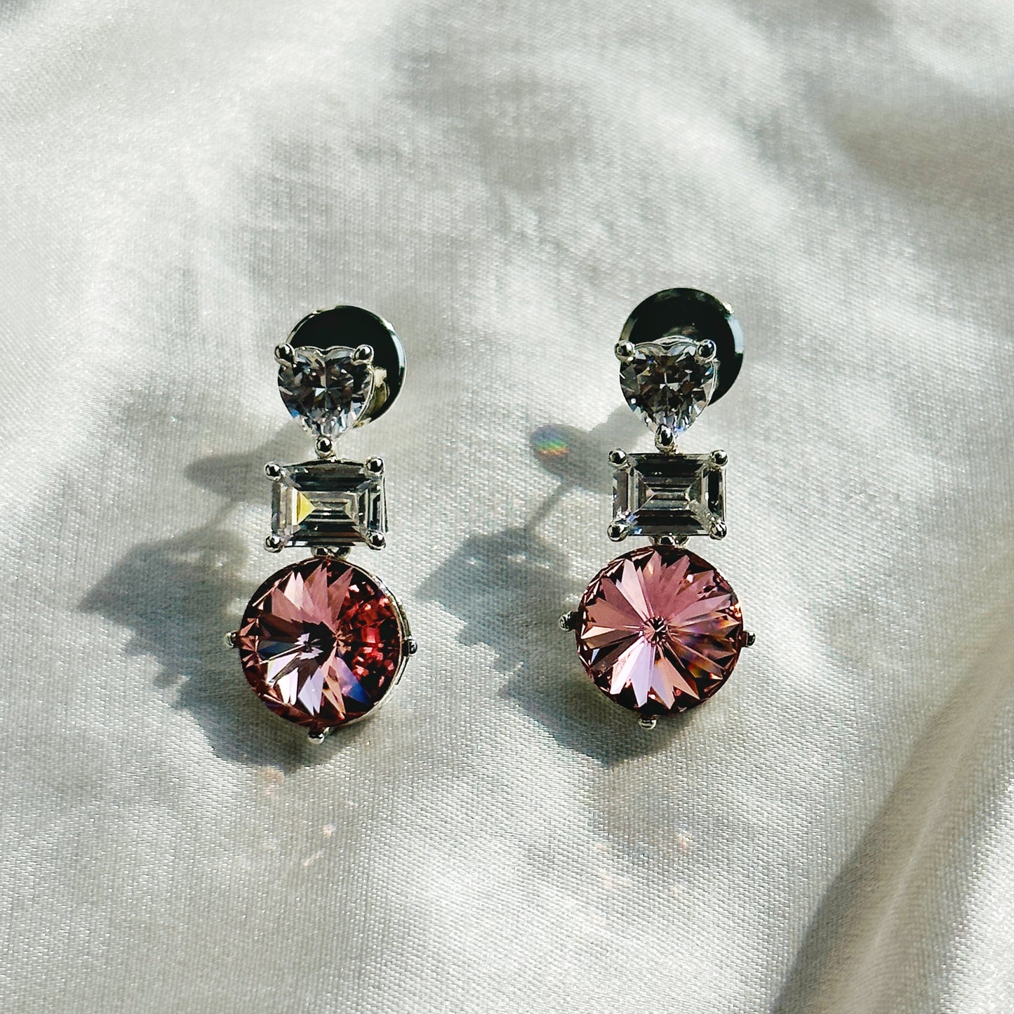 Light Pink Rose Swarovski Crystal American Diamond Silver Plated Earrings