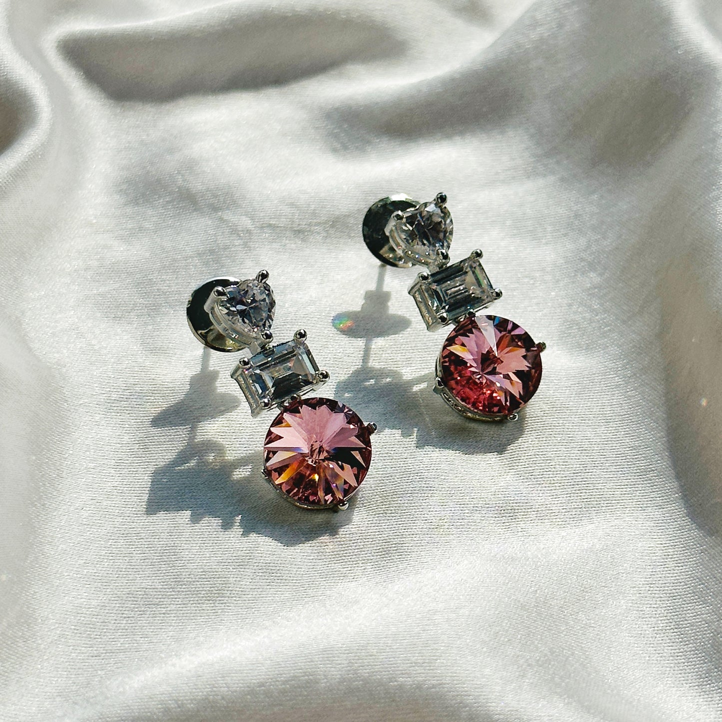Light Pink Rose Swarovski Crystal American Diamond Silver Plated Earrings