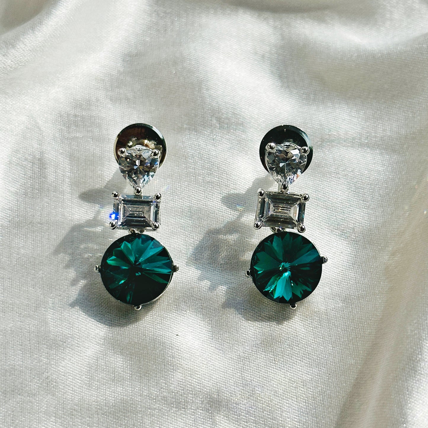 Green Emerald Swarovski Crystal American Diamond Silver Plated Earrings