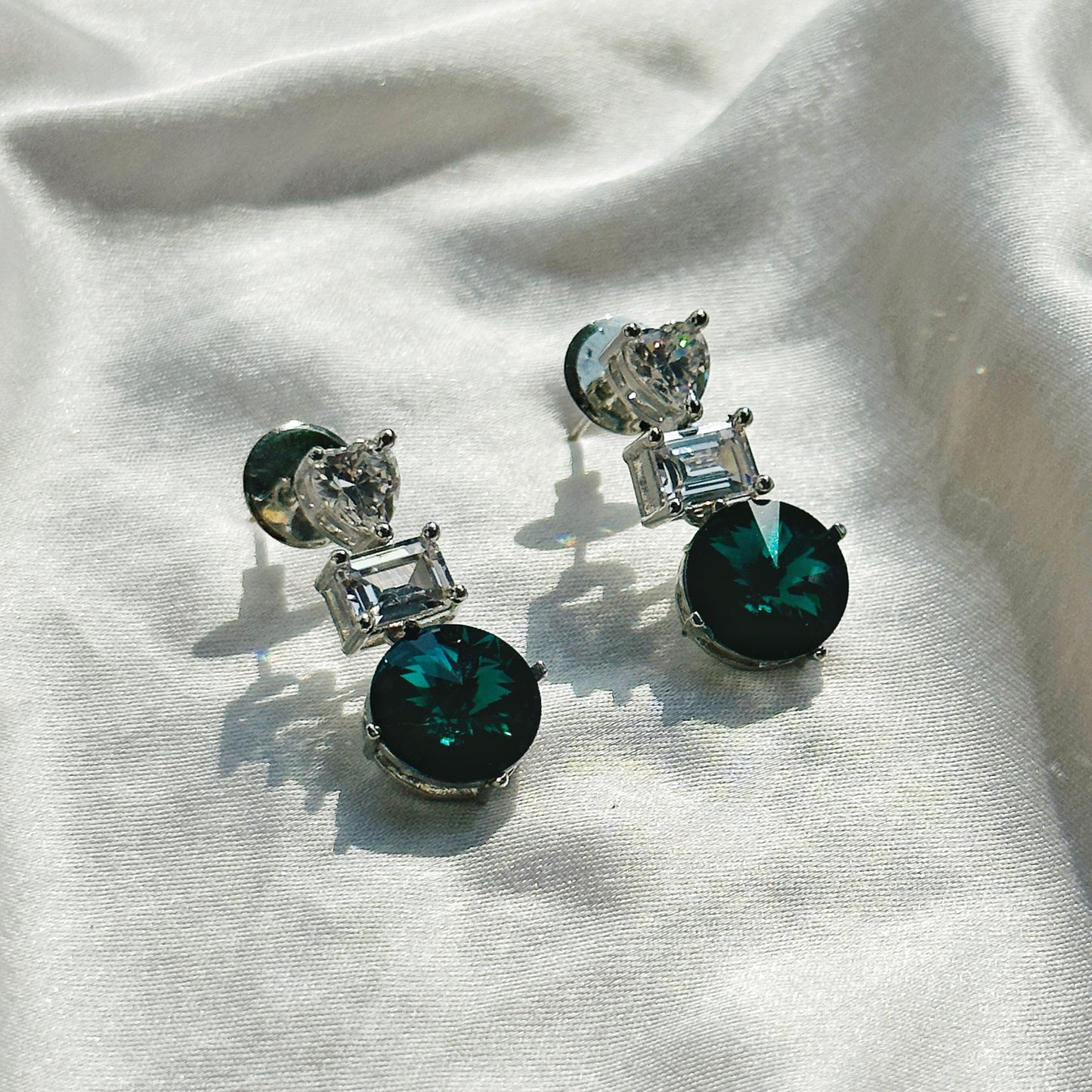 Green Emerald Swarovski Crystal American Diamond Silver Plated Earrings