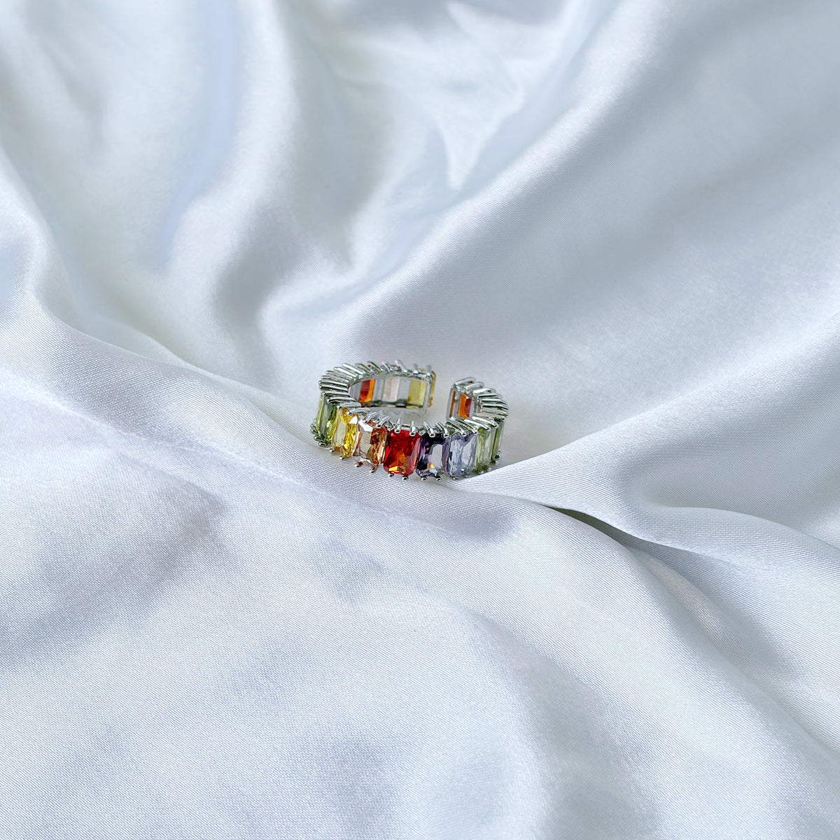 Multi Color Cubic Zirconia Ice Cut American Diamond Silver Plated Adjustable Ring