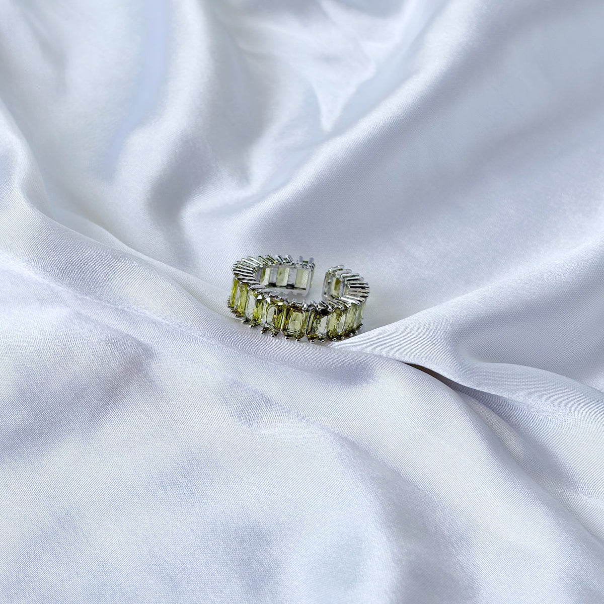 Olive Green Cubic Zirconia Ice Cut American Diamond Silver Plated Adjustable Ring