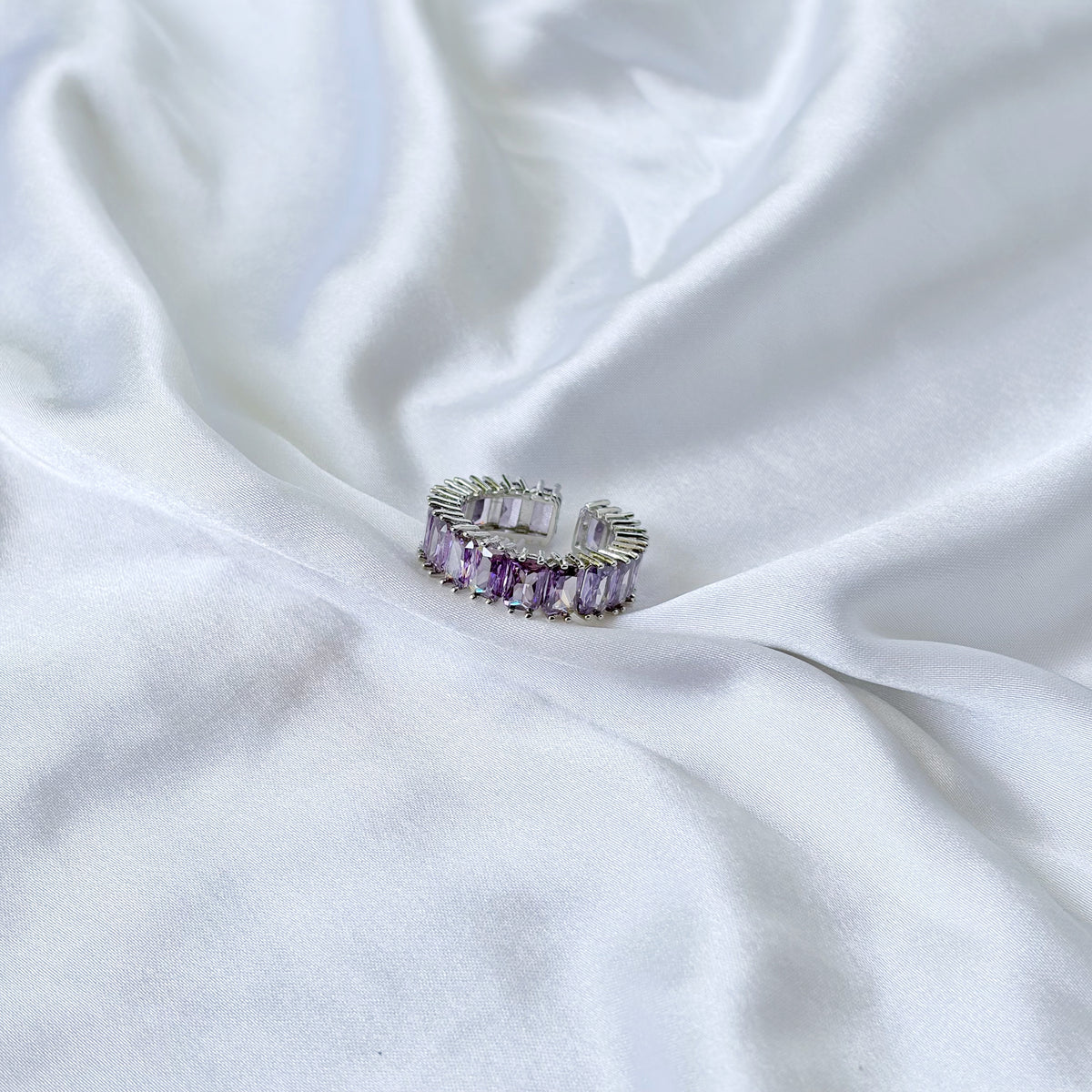 Purple Amethyst Cubic Zirconia Ice Cut American Diamond Silver Plated Adjustable Ring