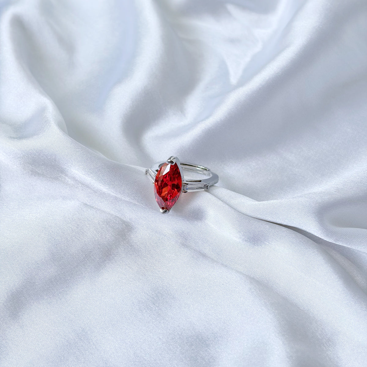 Red Ruby Cubic Zirconia Ice Cut American Diamond Silver Plated Adjustable Ring