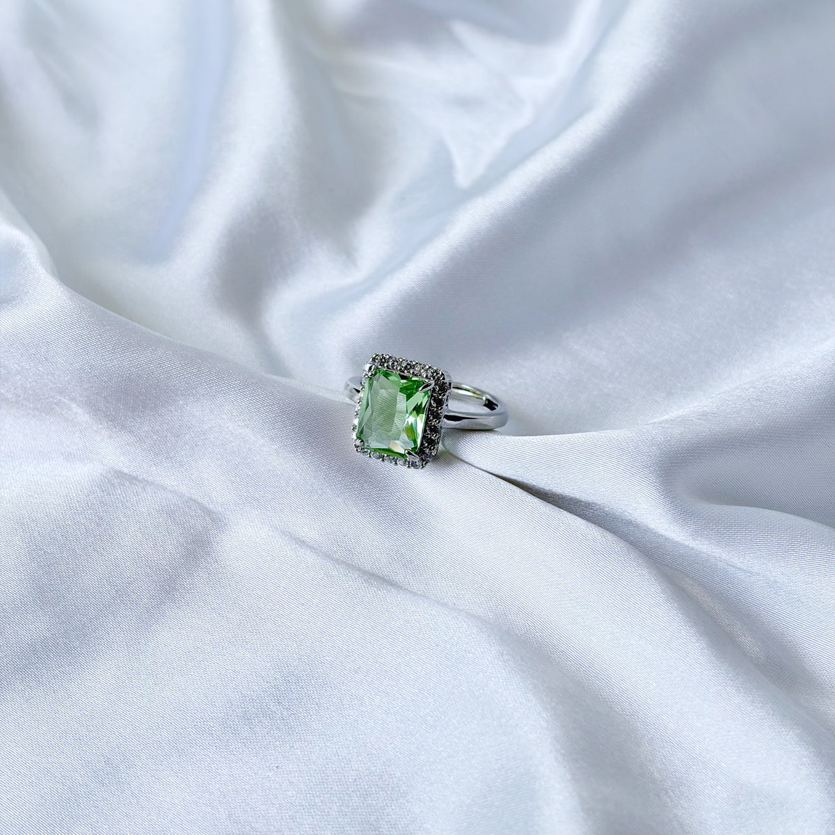 Olive Green Cubic Zirconia Ice Cut American Diamond Silver Plated Adjustable Ring