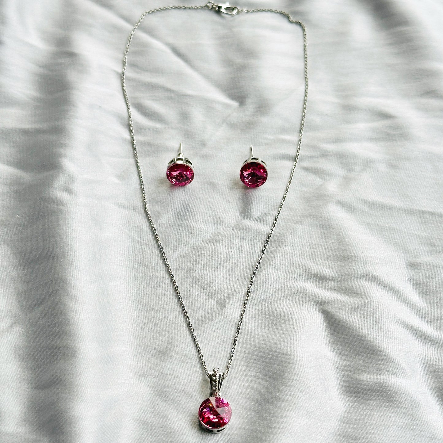 Indian Pink Swarovski Crystal Silver Plated Pendant Set