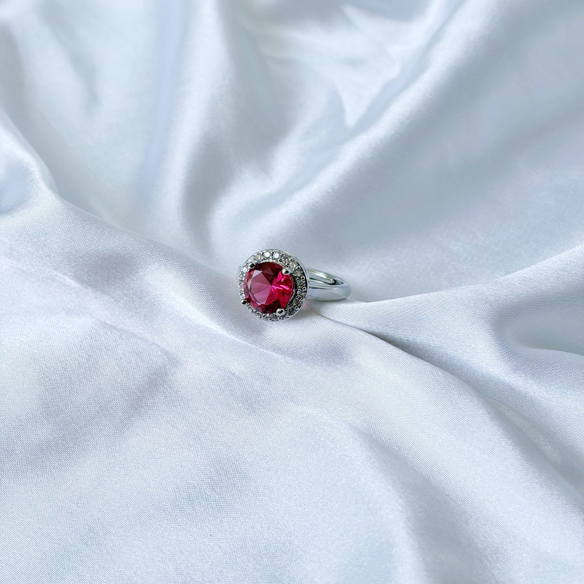 Red Ruby Cubic Zirconia Ice Cut American Diamond Silver Plated Adjustable Ring