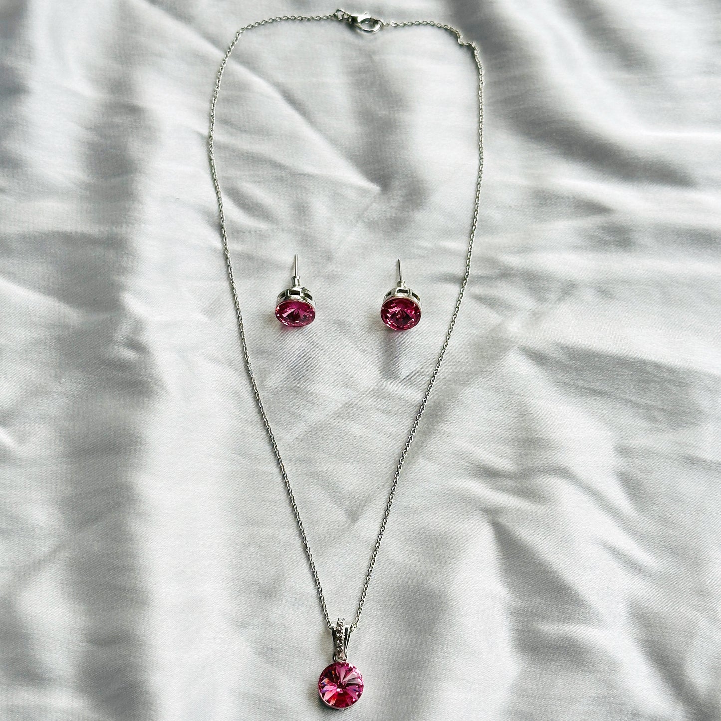 Indian Pink Swarovski Crystal Silver Plated Pendant Set