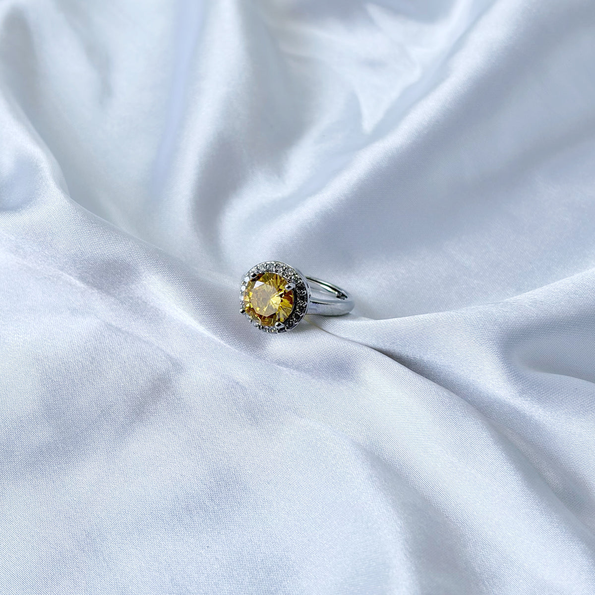Yellow Topaz Cubic Zirconia Ice Cut American Diamond Silver Plated Adjustable Ring