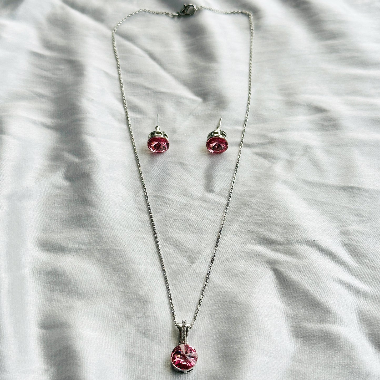 Light Pink Rose Swarovski Crystal Silver Plated Pendant Set
