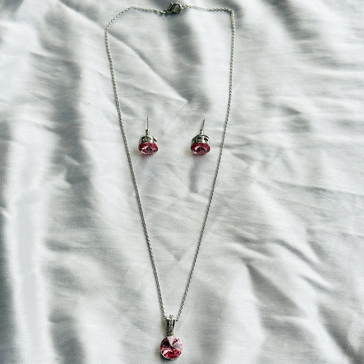 Light Pink Rose Swarovski Crystal Silver Plated Pendant Set