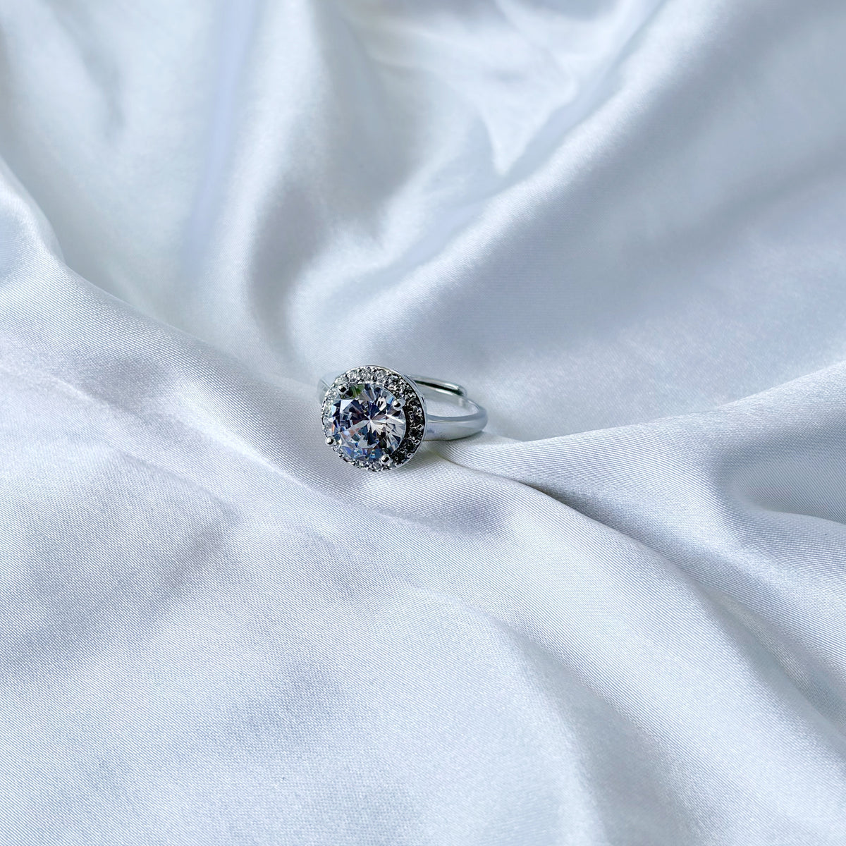 Solitaire Cubic Zirconia Ice Cut American Diamond Silver Plated Adjustable Ring